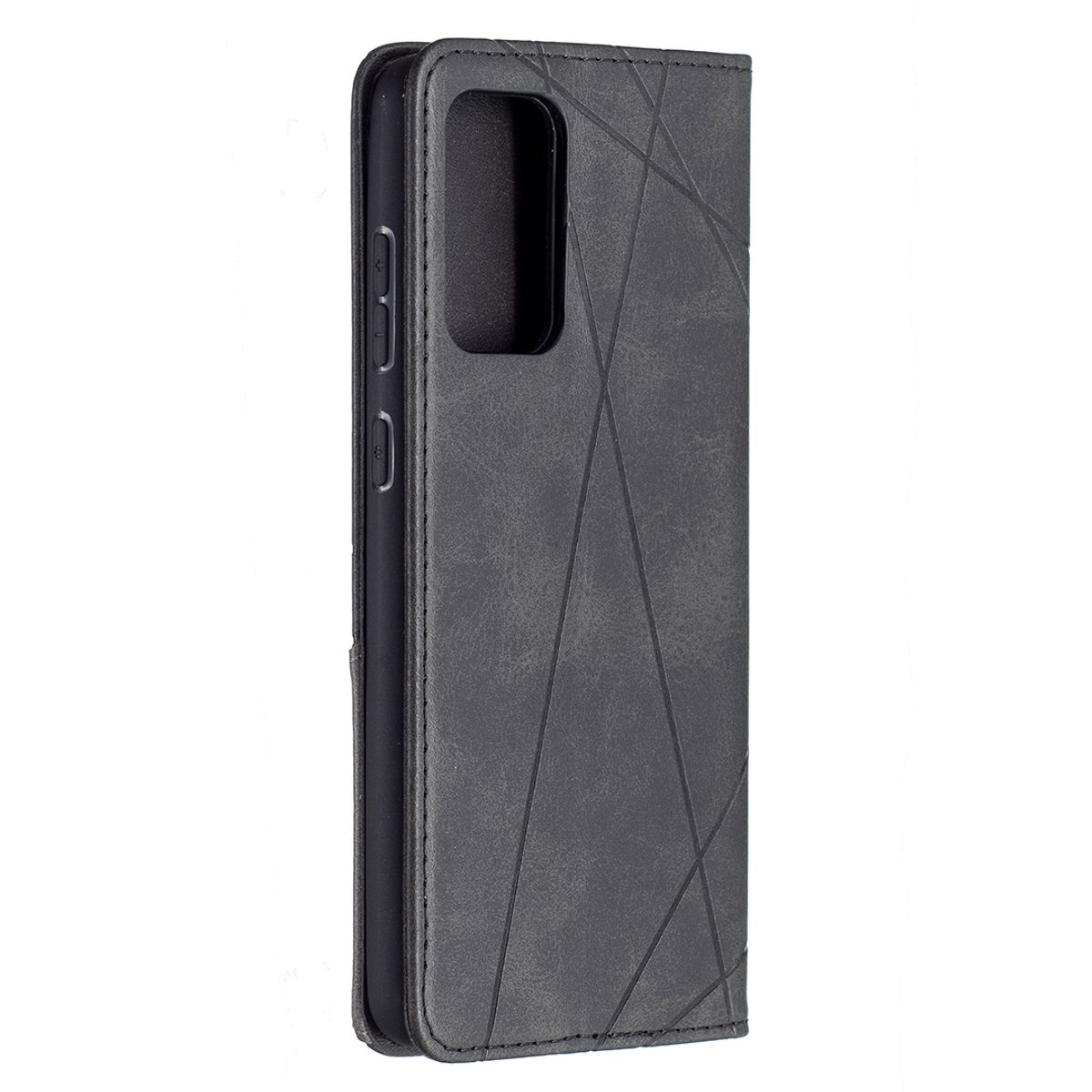 Geschlossene schwarze Handyhülle mit geometrischem Muster und zwei Knöpfen sichtbar.