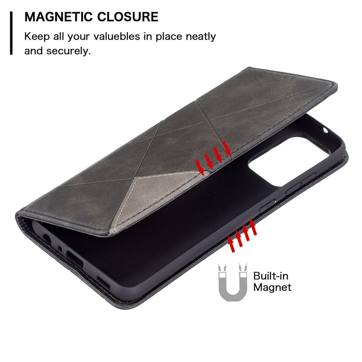 Dunkelgraue Handyhülle mit Magnetverschluss. Eingebauter Magnet für sicheren Halt.