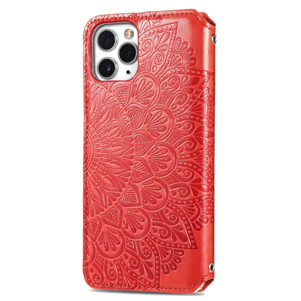 Rote Handyhülle mit Mandala-Design, mit mehreren Kameras.