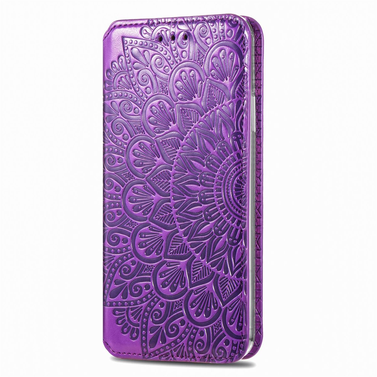 Eine lila Handyhülle mit Mandala-Design. Die Hülle ist geschlossen und hat eine strukturierte Oberfläche.