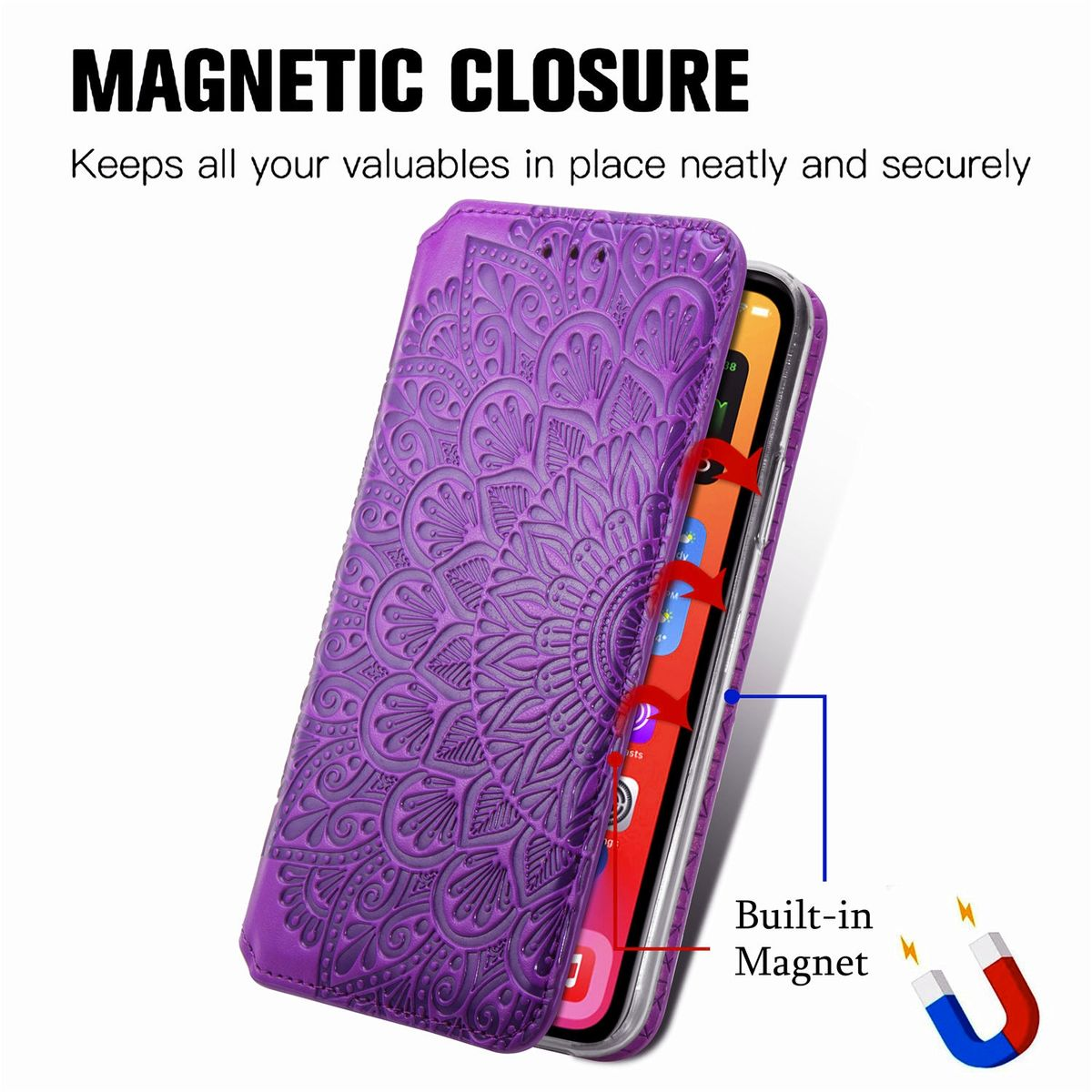 Eine lila Handyhülle mit Mandala-Design ist geöffnet und zeigt das Telefon. Der Text lautet: MAGNETVERSCHLUSS.