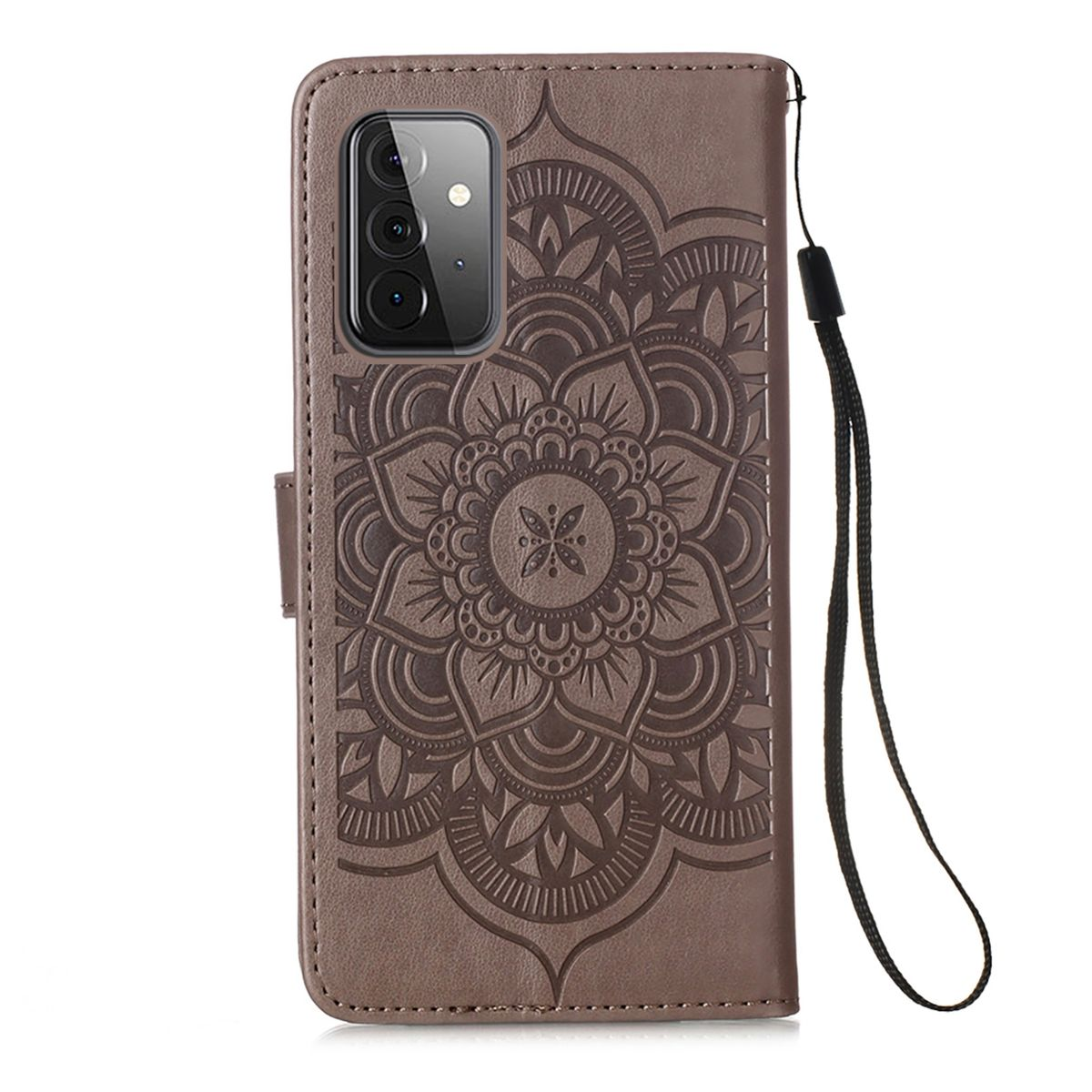 Braune Handyhülle mit Mandala-Design. Schwarze Handschlaufe. Verschluss vorne.