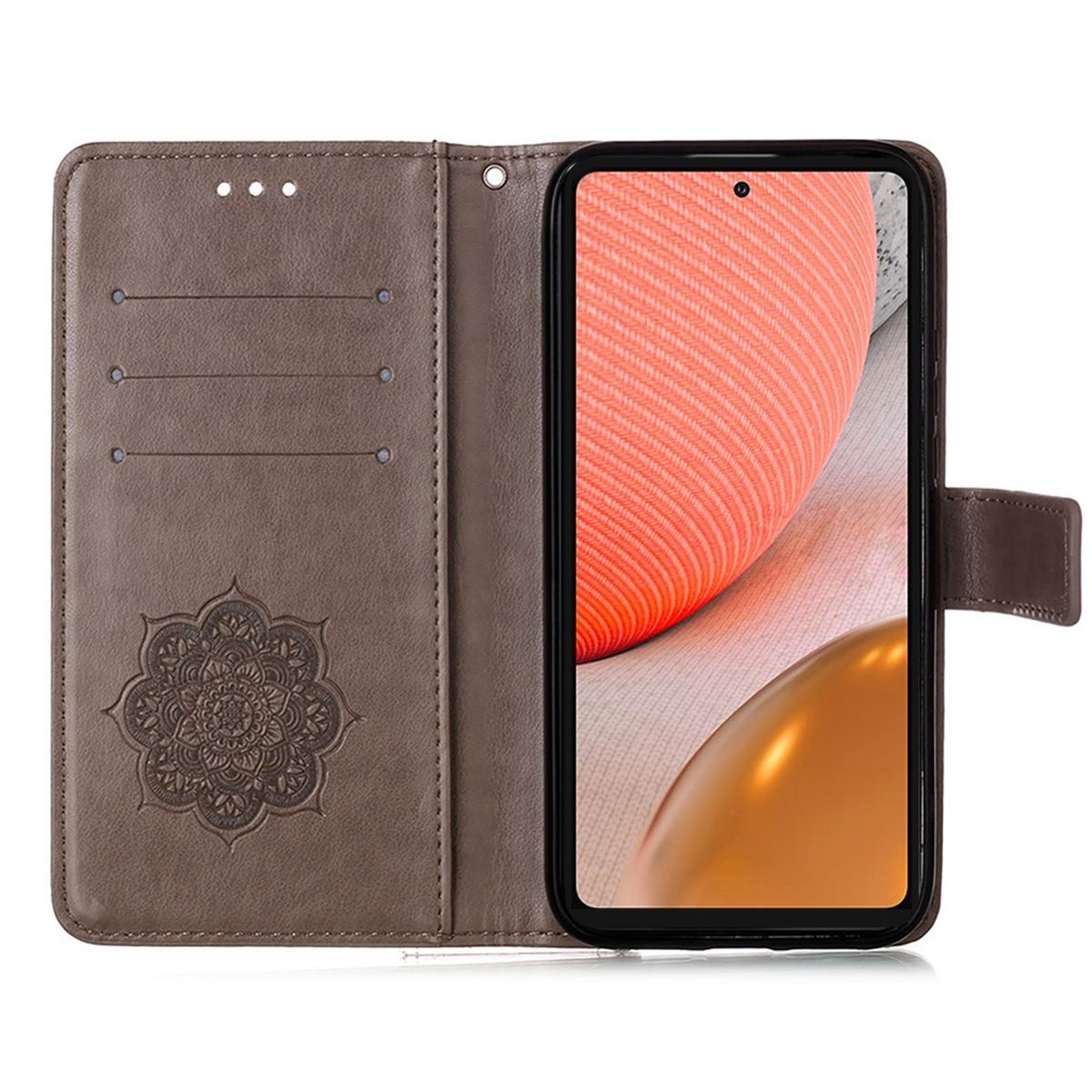 Geöffnete braune Handyhülle mit Telefon und Kartenfächern. Mandala-Design links.