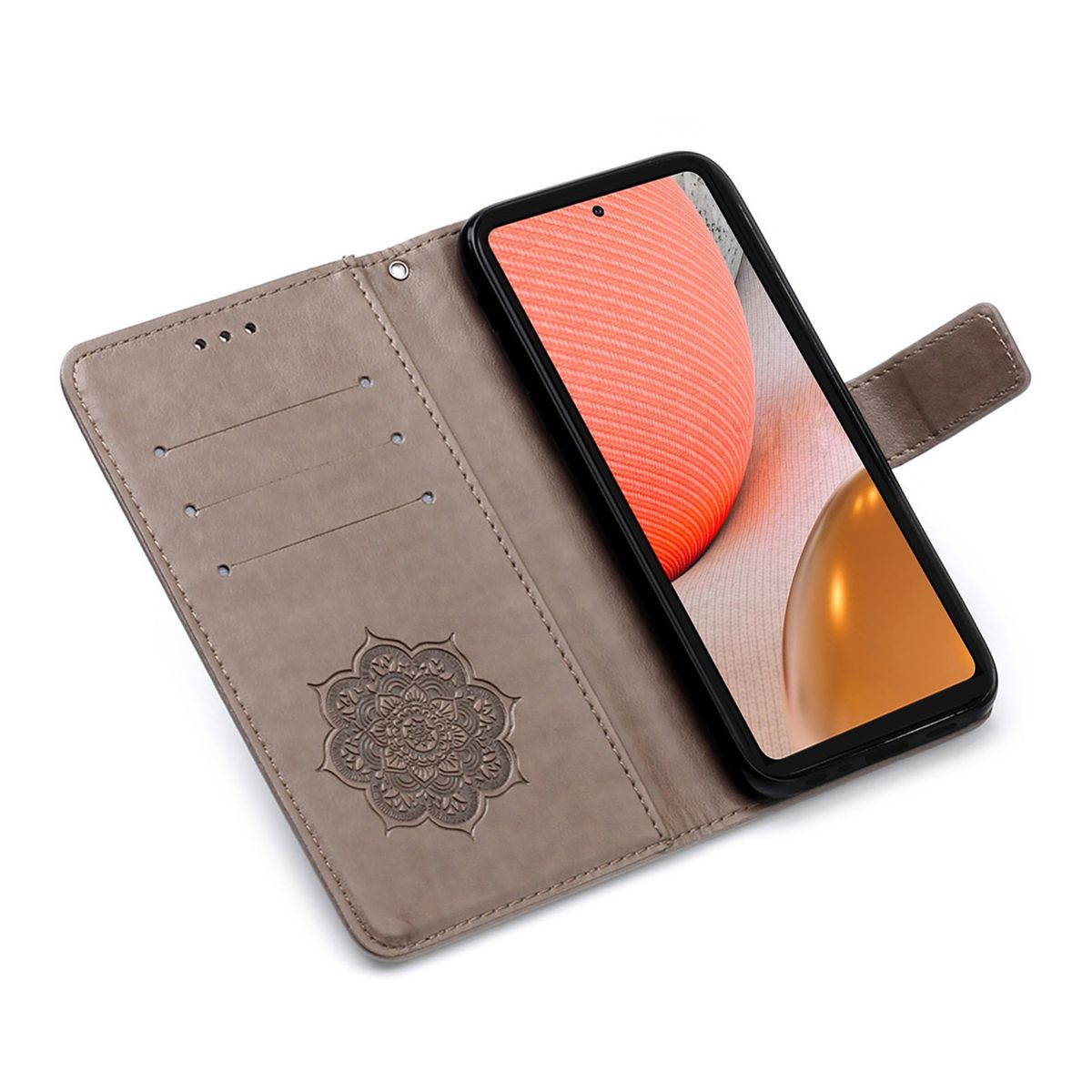 Ein Telefon in einer grauen Brieftasche, das einen bunten Bildschirm anzeigt, auf weißem Hintergrund.