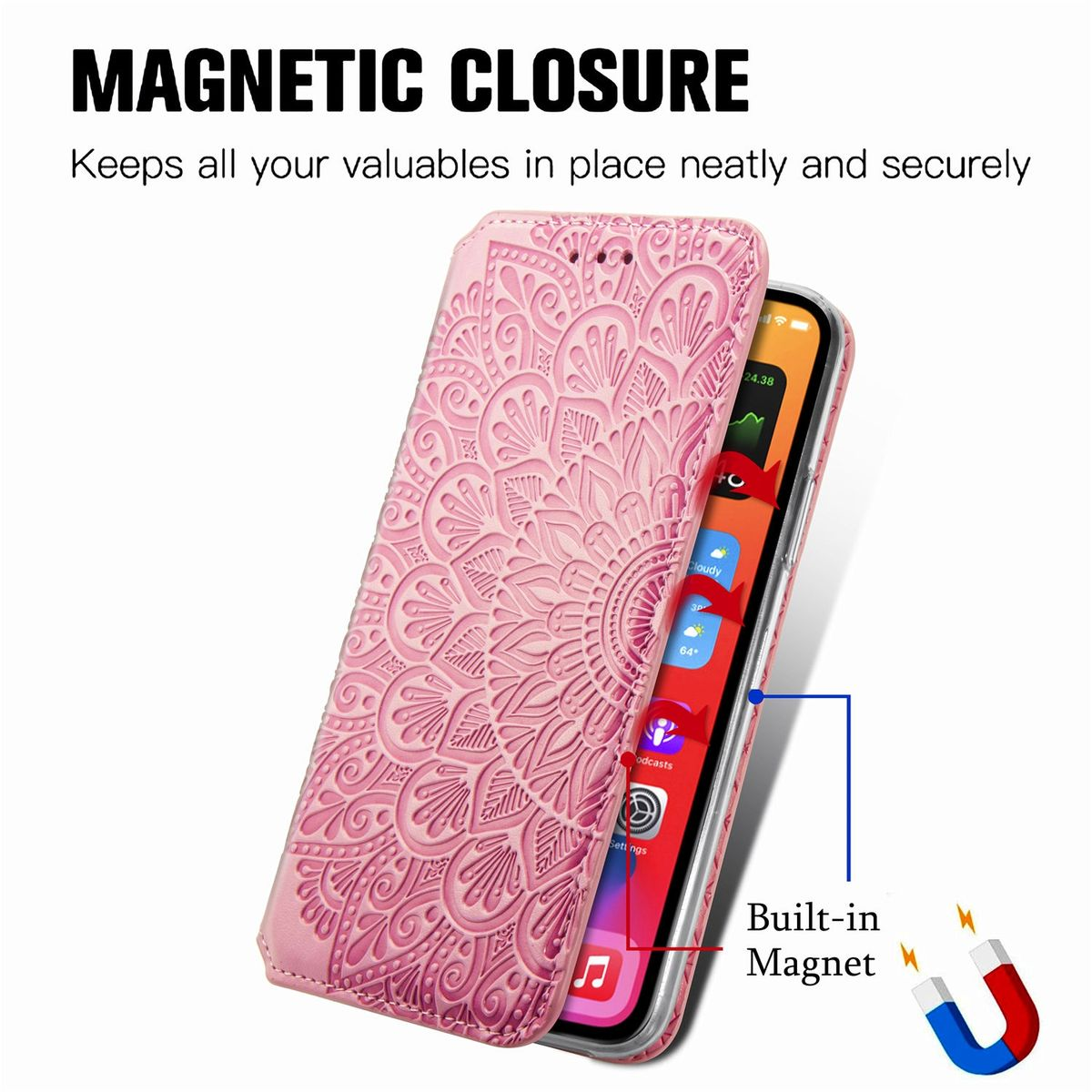 Rosafarbene Handyhülle mit floralem Design, geöffnet, um ein Handy freizugeben. Ein Magnetverschluss ist angegeben.