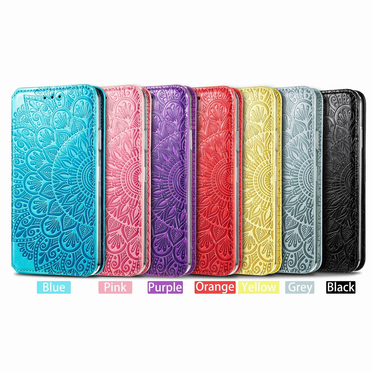 Handyhüllen, verschiedene Farben: blau, rosa, lila, orange, gelb, grau und schwarz.