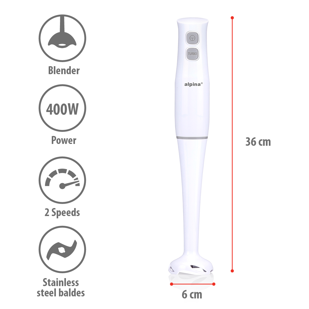 Witte staafmixer met vermogens- en snelheidsindicatoren, roestvrijstalen messen en afmetingen.