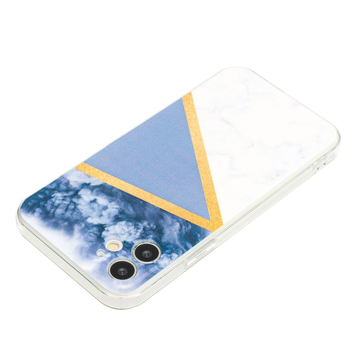 Eine Handyhülle mit blauem und weißem Marmordesign und goldenen Akzenten, auf weißer Oberfläche.