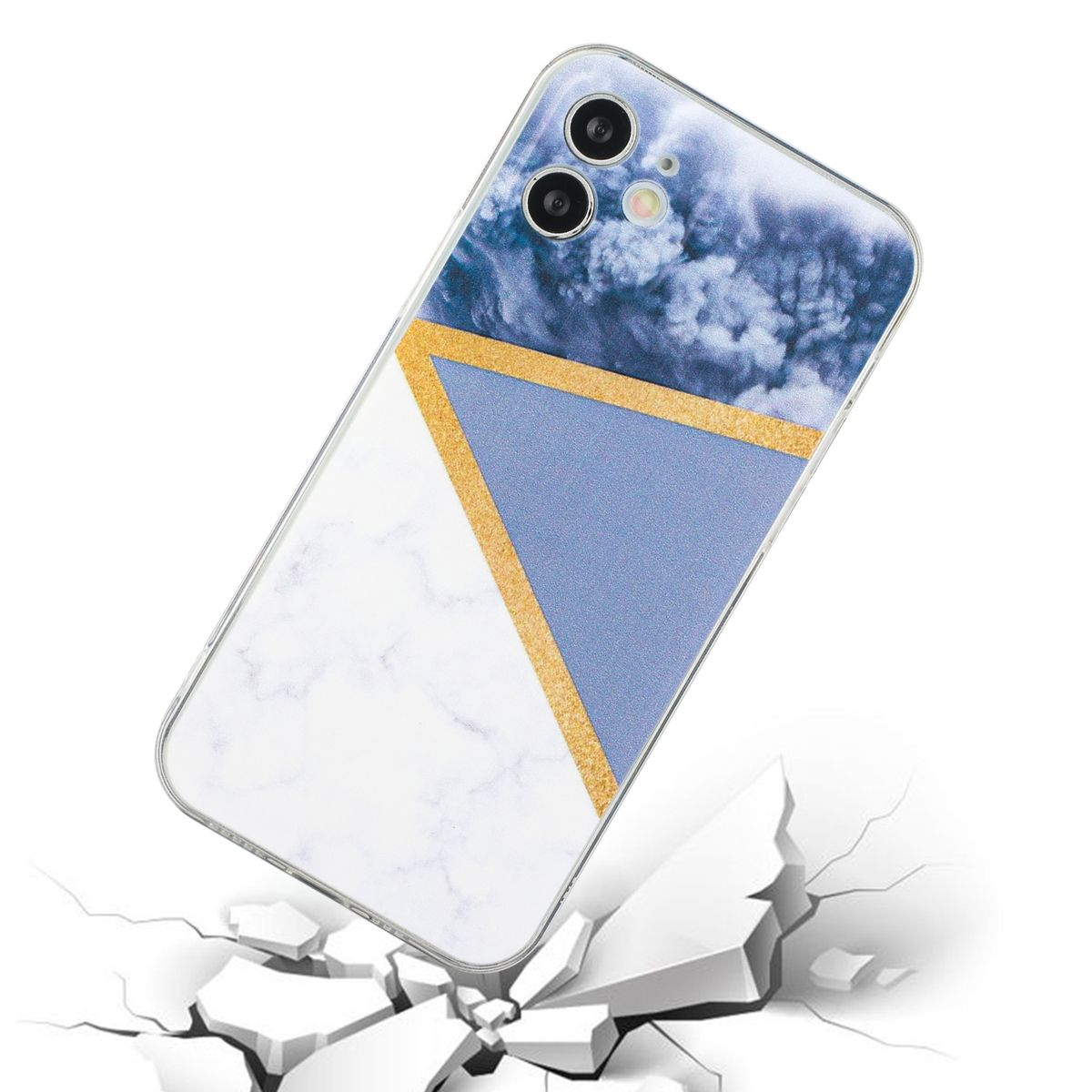 Handyhülle mit weißem Marmor, blauem und goldenem geometrischen Muster.