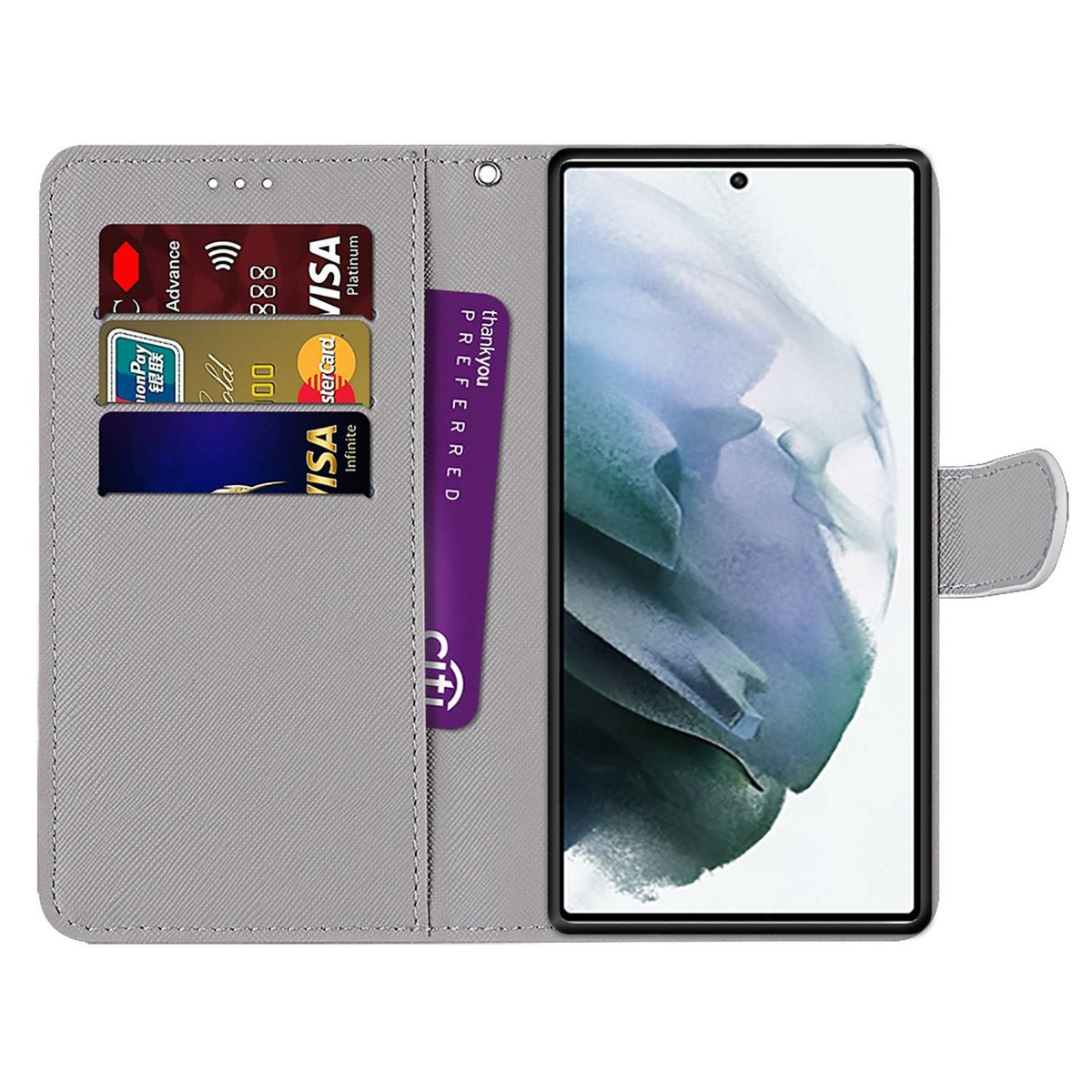 Geöffnete Brieftasche mit sichtbaren Kreditkarten. Das Etui ist grau, innen befindet sich ein Telefon.