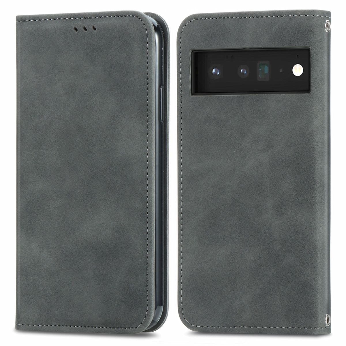 Graue Handyhülle, geöffnet, um das Telefon freizugeben. Die Hülle hat ein minimalistisches Design.