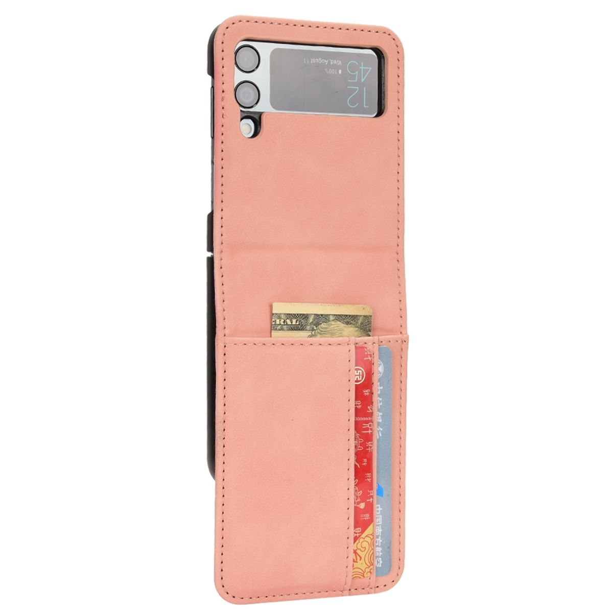 Rosa Handyhülle mit Kartenfächern und Wallet-Design, zeigt Karten und Bargeld.