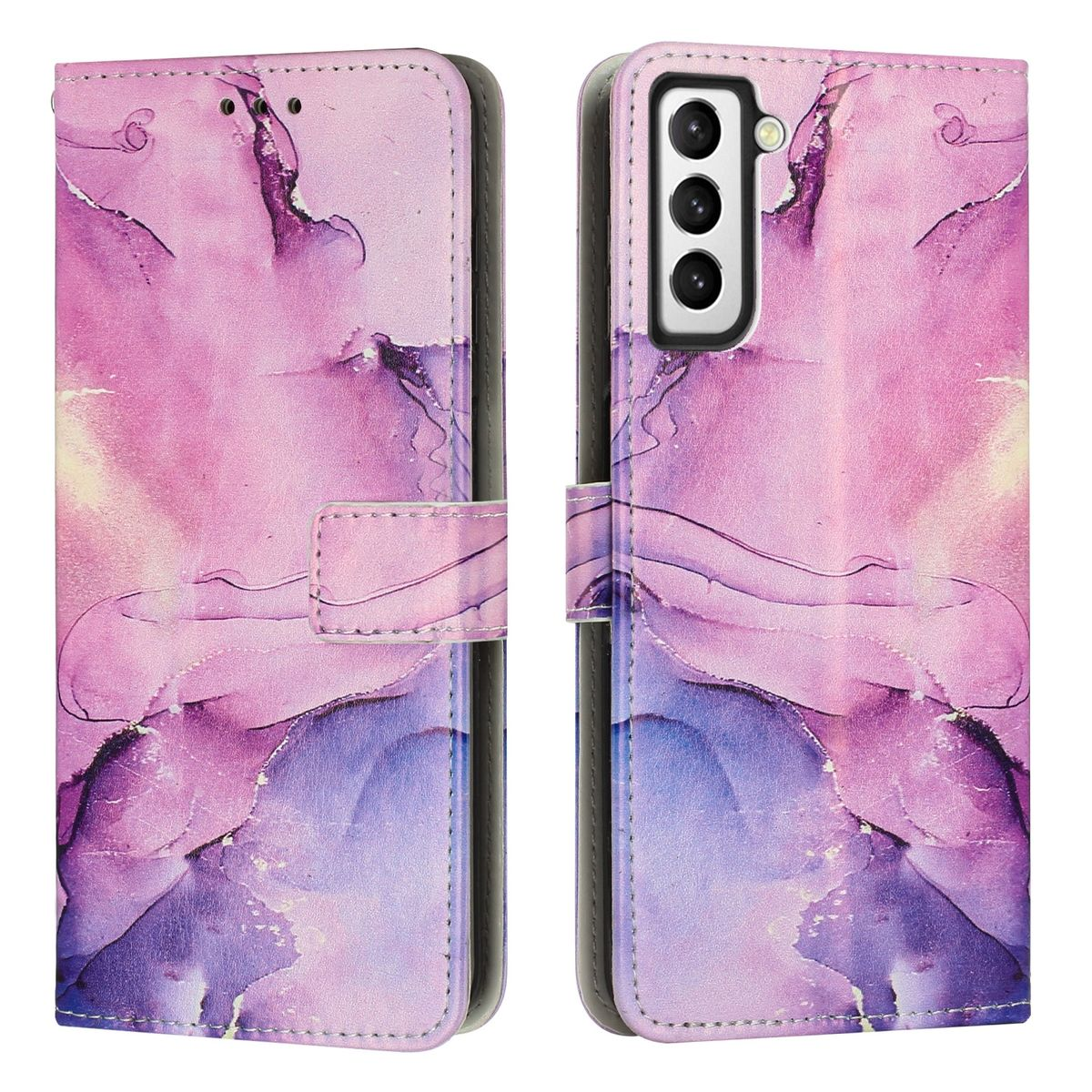 Eine pink-violette Handyhülle, geöffnet, mit Telefon und Kreditkartenfächern.