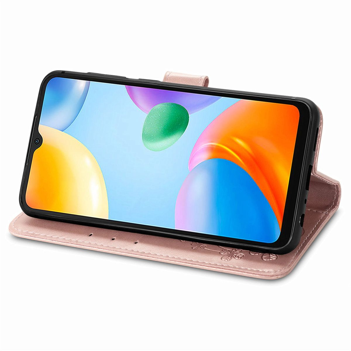 Rosa Handyhülle mit einem Telefon darin. Das Telefon zeigt ein farbenfrohes Bild.