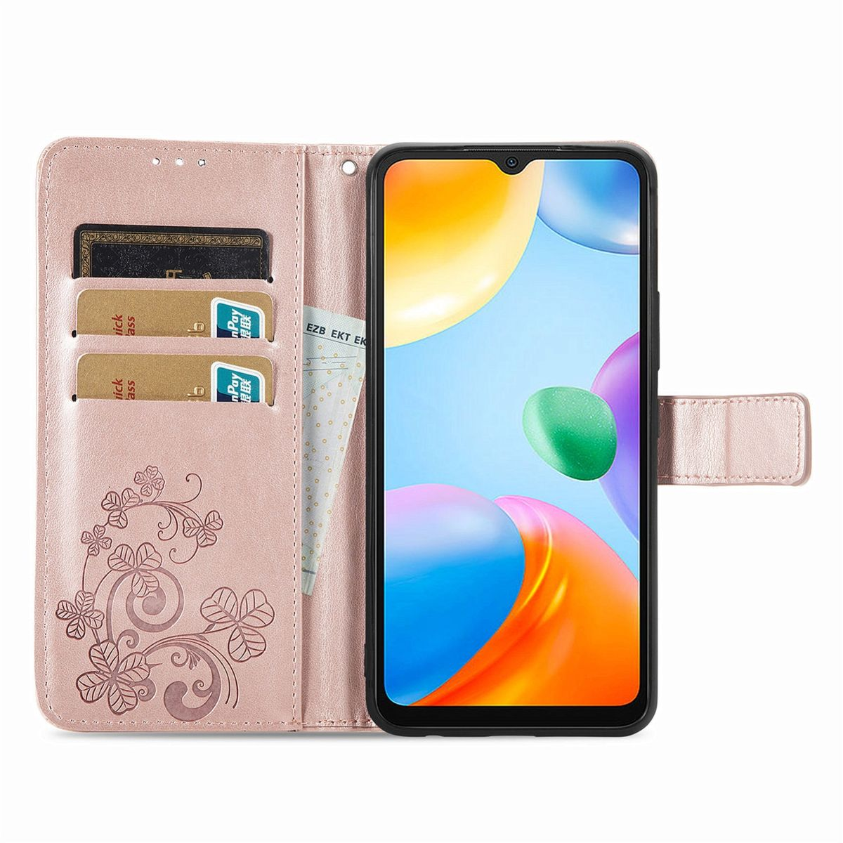 Rosa Handyhülle mit Kartenfächern und floralem Muster. Zeigt ein Telefon mit farbenfroher Anzeige.
