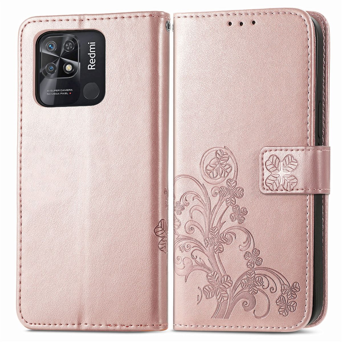 Rosa Handyhülle, offen. Redmi-Telefon sichtbar, mit Kamera. Blumendesign auf der Innenseite.