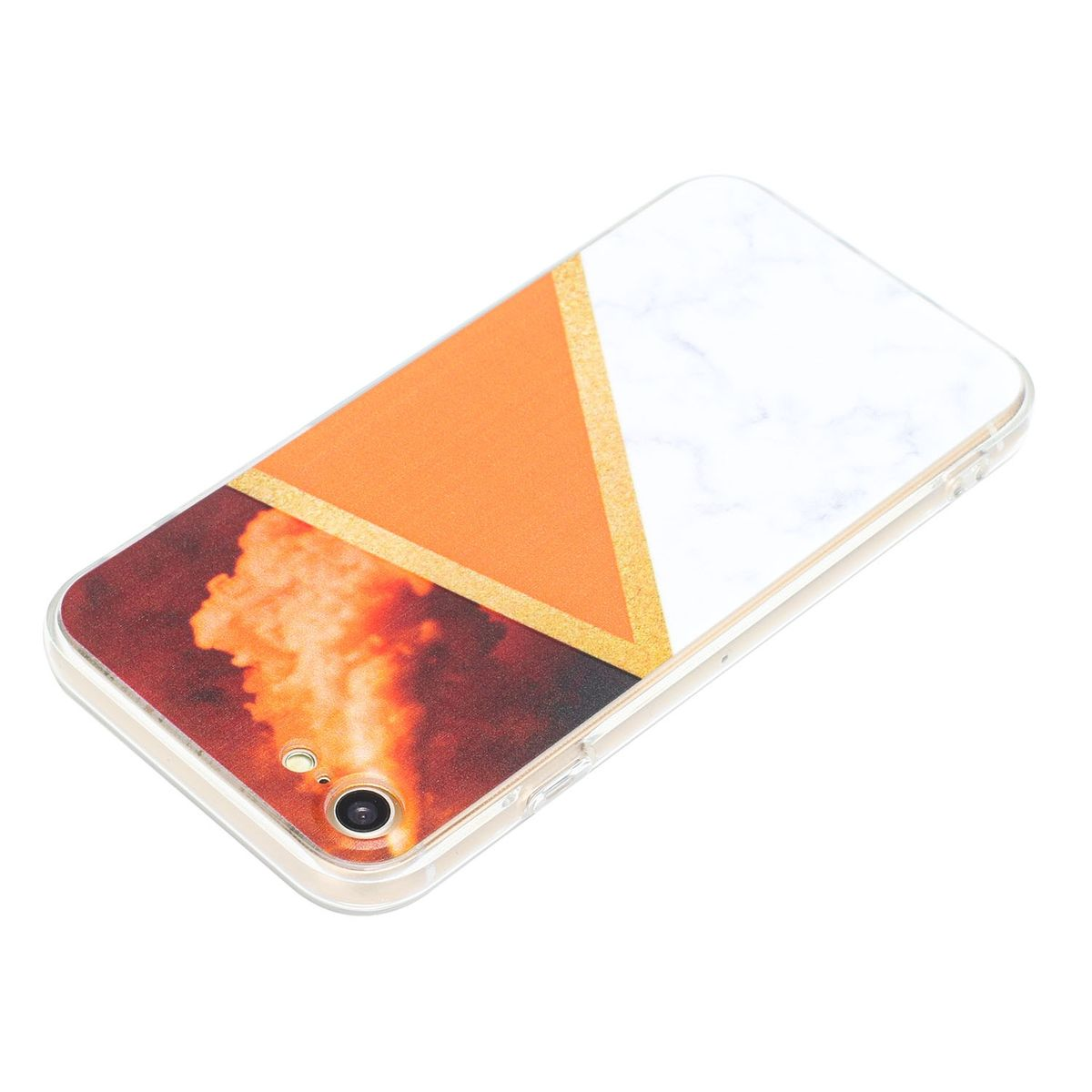 Eine Handyhülle mit einem geometrischen Design aus Orange und Weiß mit einem goldenen Streifen auf weißem Hintergrund.