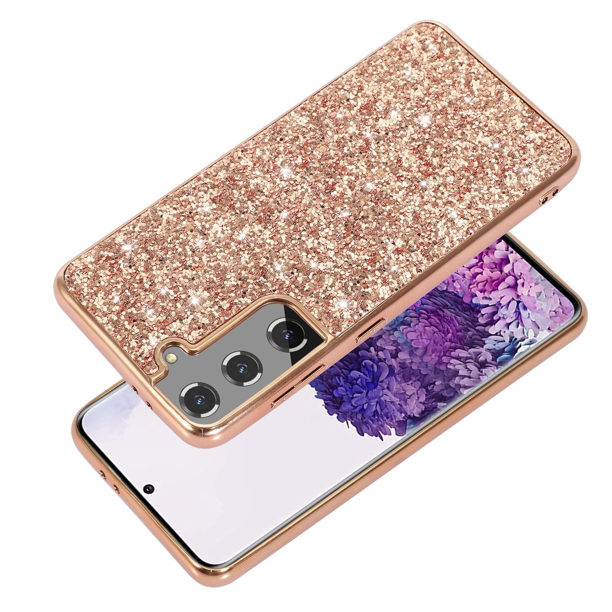 Roségoldene Handyhülle mit glitzernder Textur und Telefon darin. Weißer Hintergrund.