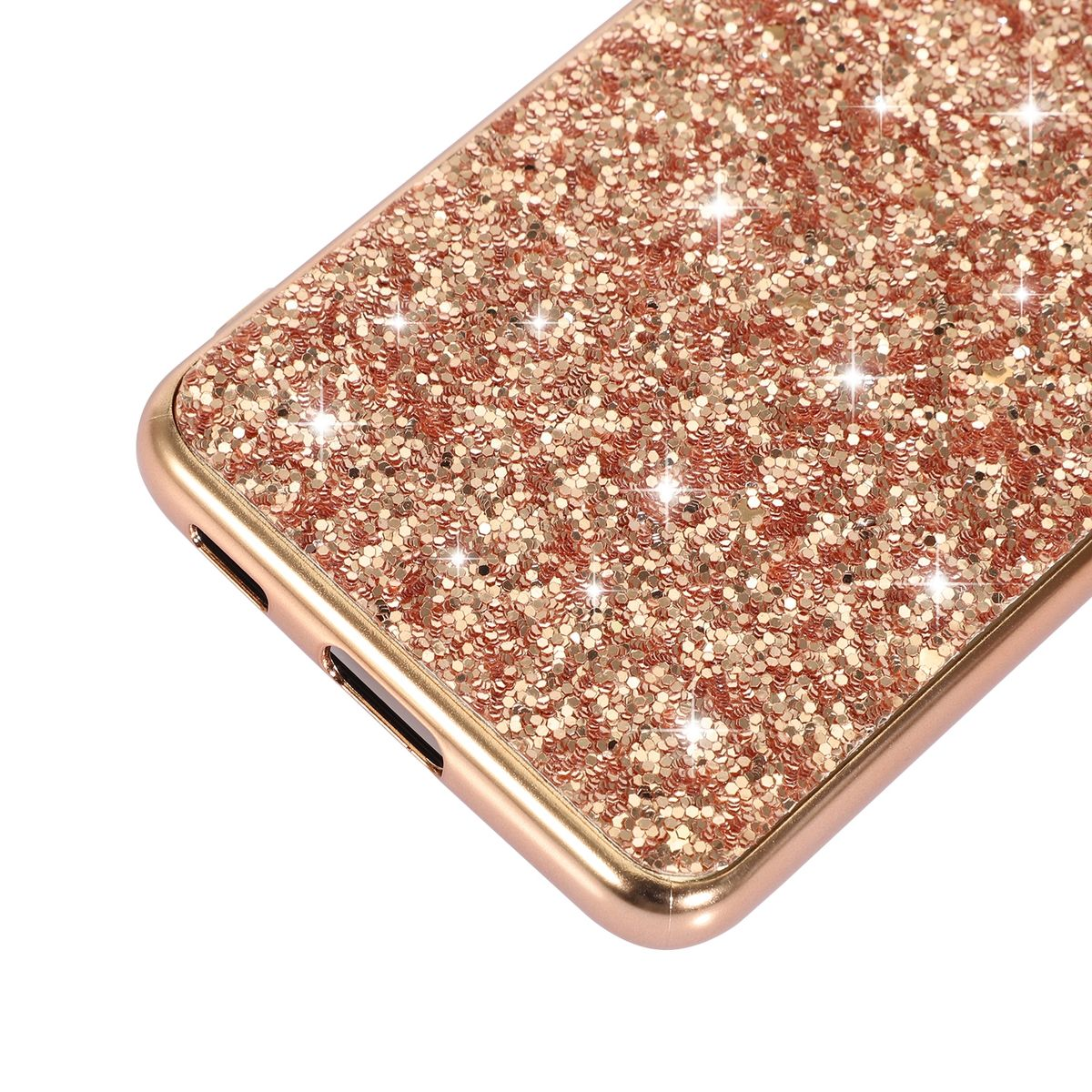 Glitzernde roségoldene Handyhülle, Nahaufnahme, mit Glitzer. Die Hülle hat einen goldenen Rahmen.