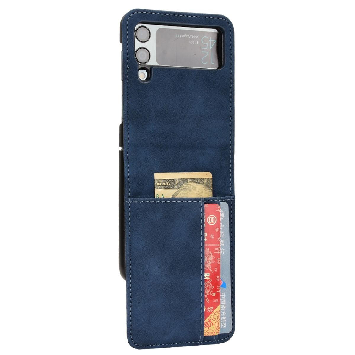 Dunkelblaue Handyhülle mit Kartenfächern und einer Geldbörse, mit einem Telefon darin.