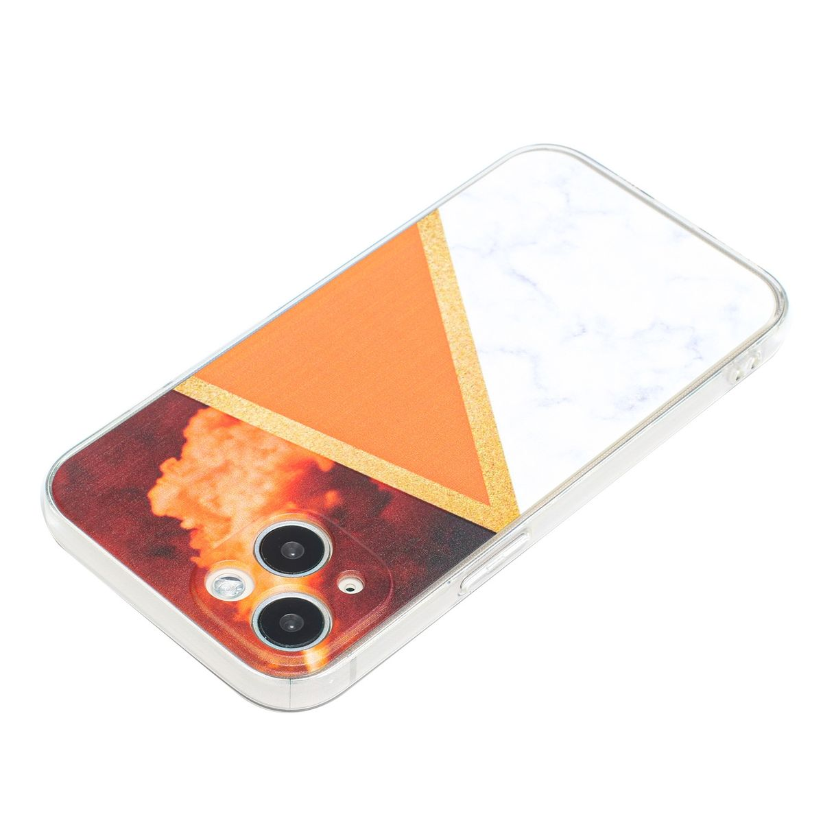 Handyhülle mit orangefarbenem und Marmordesign. Goldstreifen trennt Farben. Weißer Hintergrund.