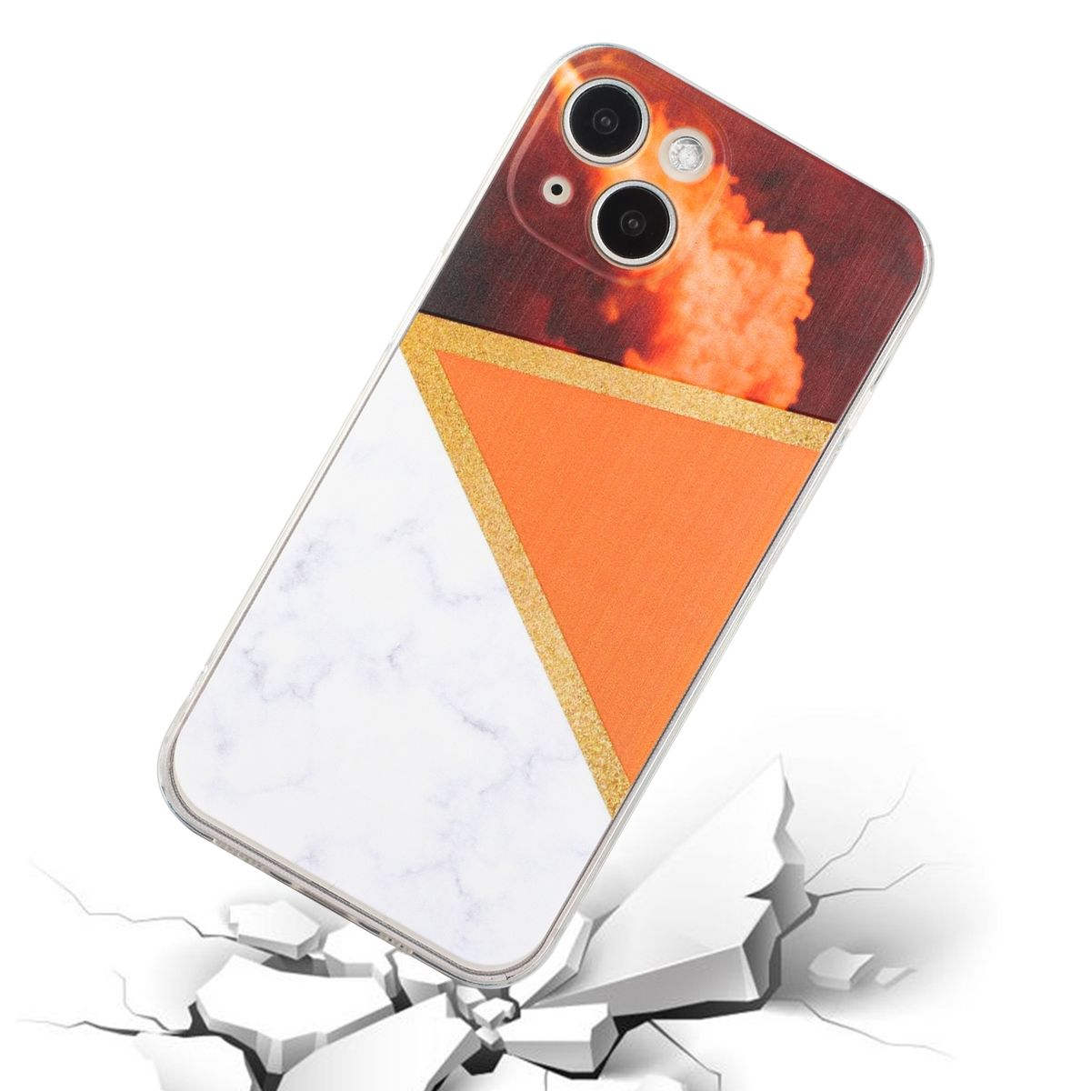 Handyhülle mit geometrischem Design, orange und weiß. Zerbrochener Boden. Weißer Hintergrund.