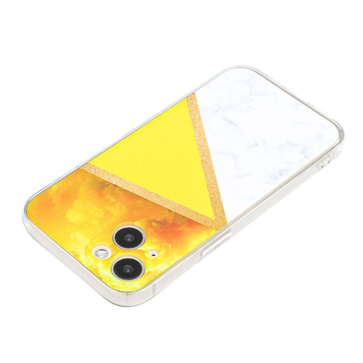 Handyhülle mit gelb-weißem Design und goldenem Dreieck.