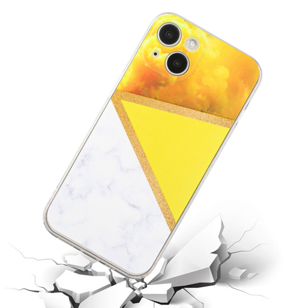 Handyhülle mit gelb-weißem Design, darunter ein Rissboden.