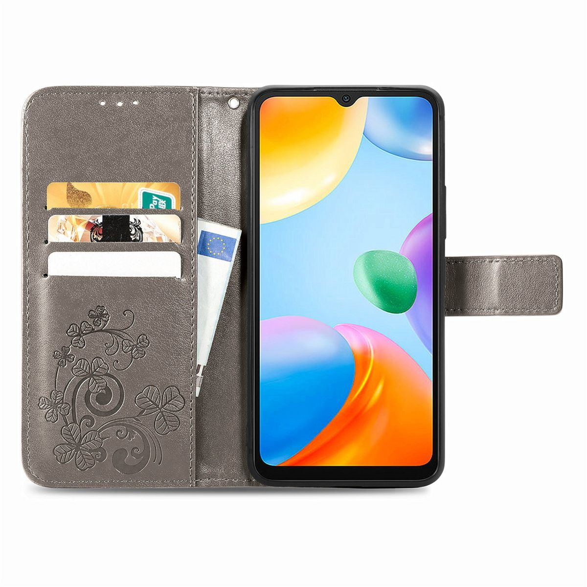 Handyhülle mit einem Telefon darin. Die Hülle ist grau und hat Kartenfächer und ein Blumendesign.