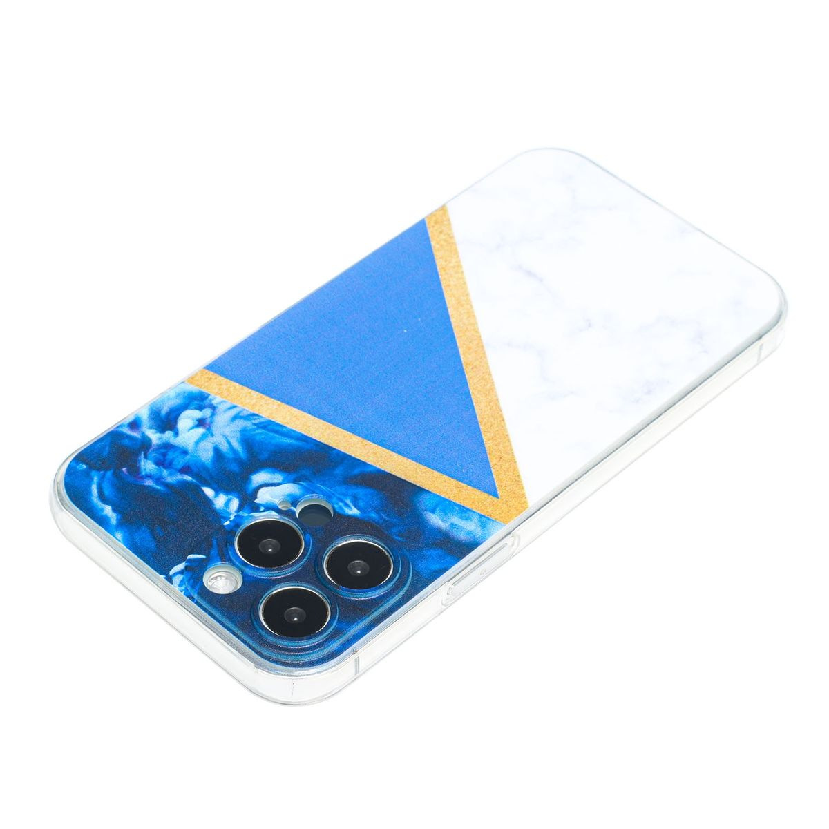 Handyhülle mit blau-weißem Marmordesign mit goldenem Akzent, zeigt die Rückseite eines Telefons.
