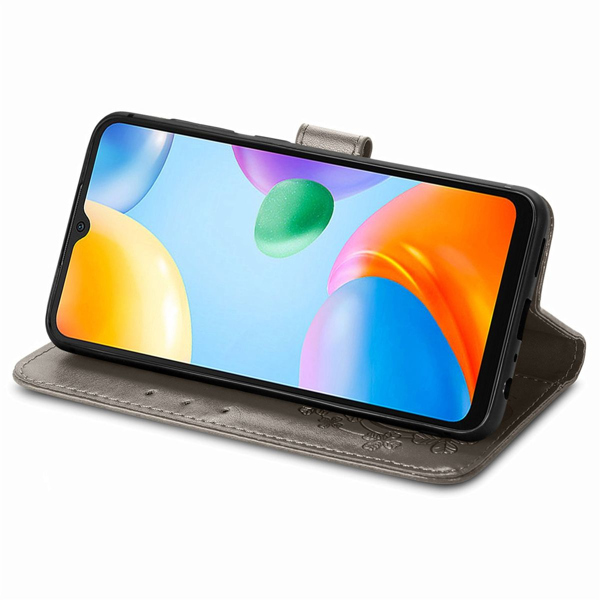 Graue Handyhülle mit Telefon und buntem Bildschirm.