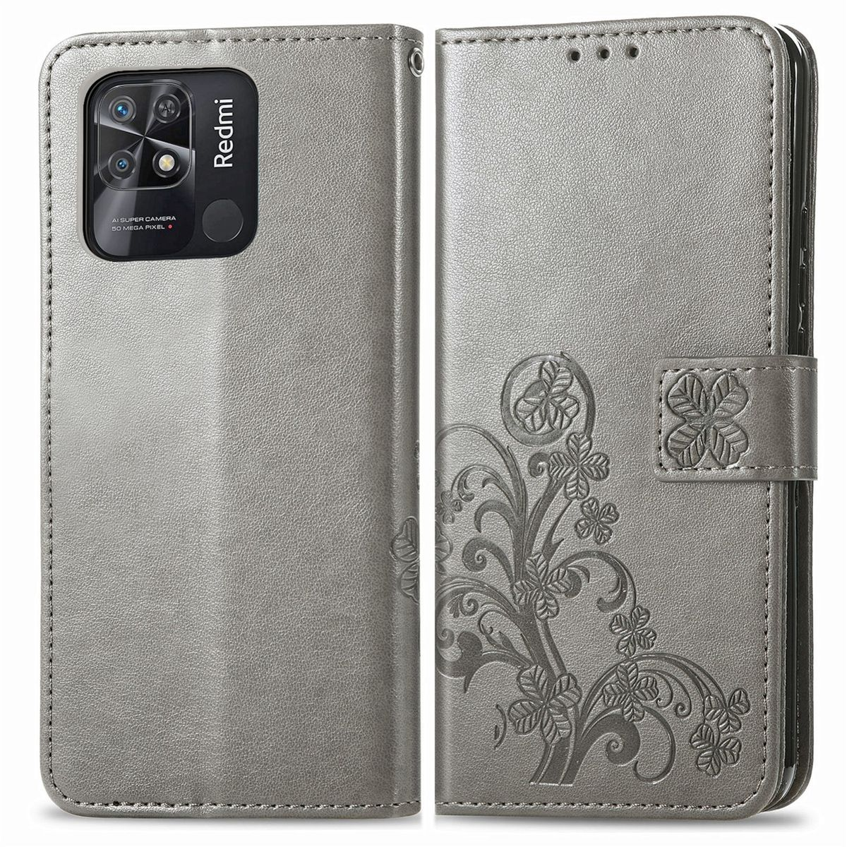 Silberne Handyhülle, geöffnet. Telefon links. Blumendesign auf der Hülle. Redmi-Logo auf dem Telefon.