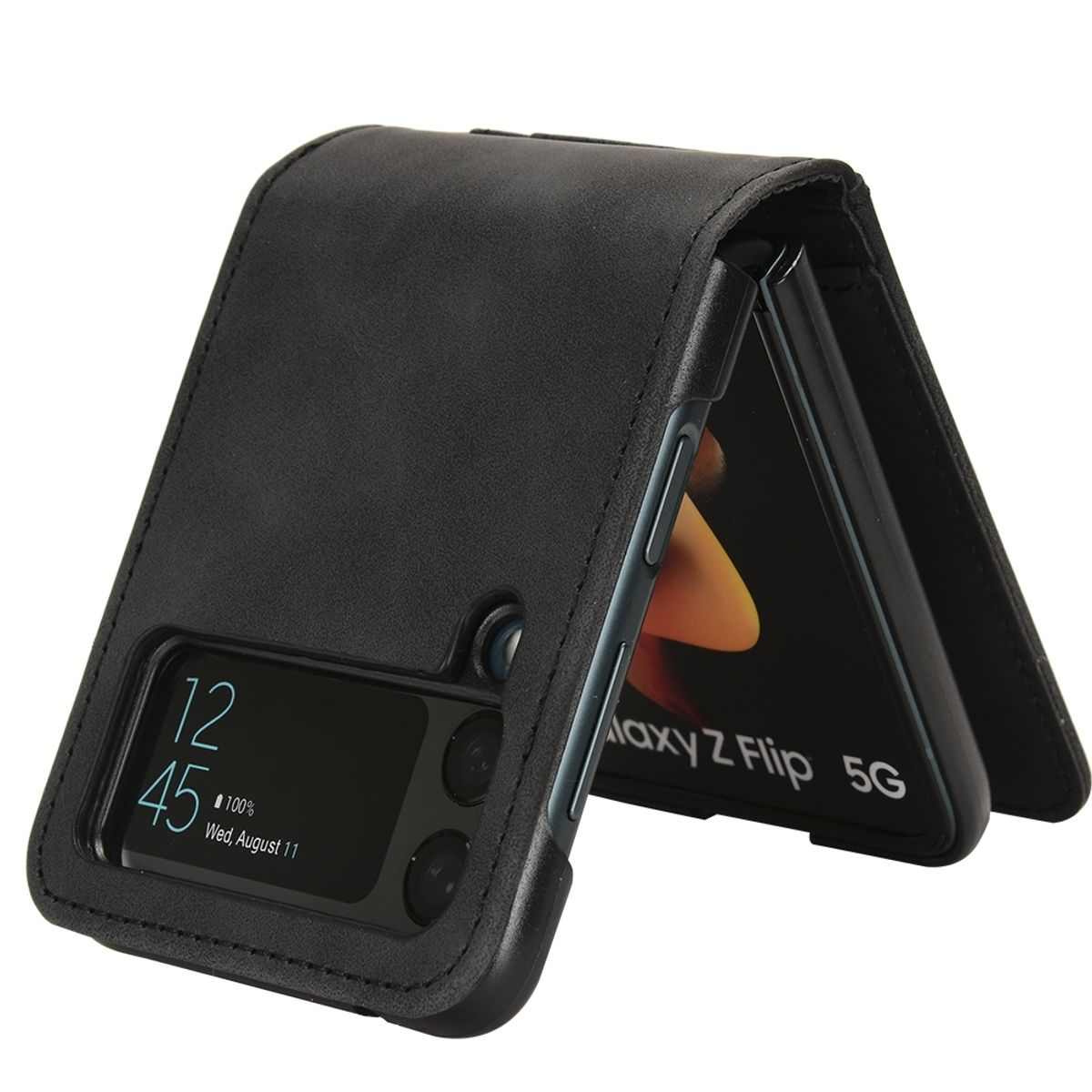 Schwarze Leder-Handyhülle, aufgeklappt, zeigt einen Telefonbildschirm und das Galaxy Z Flip 5G-Branding.