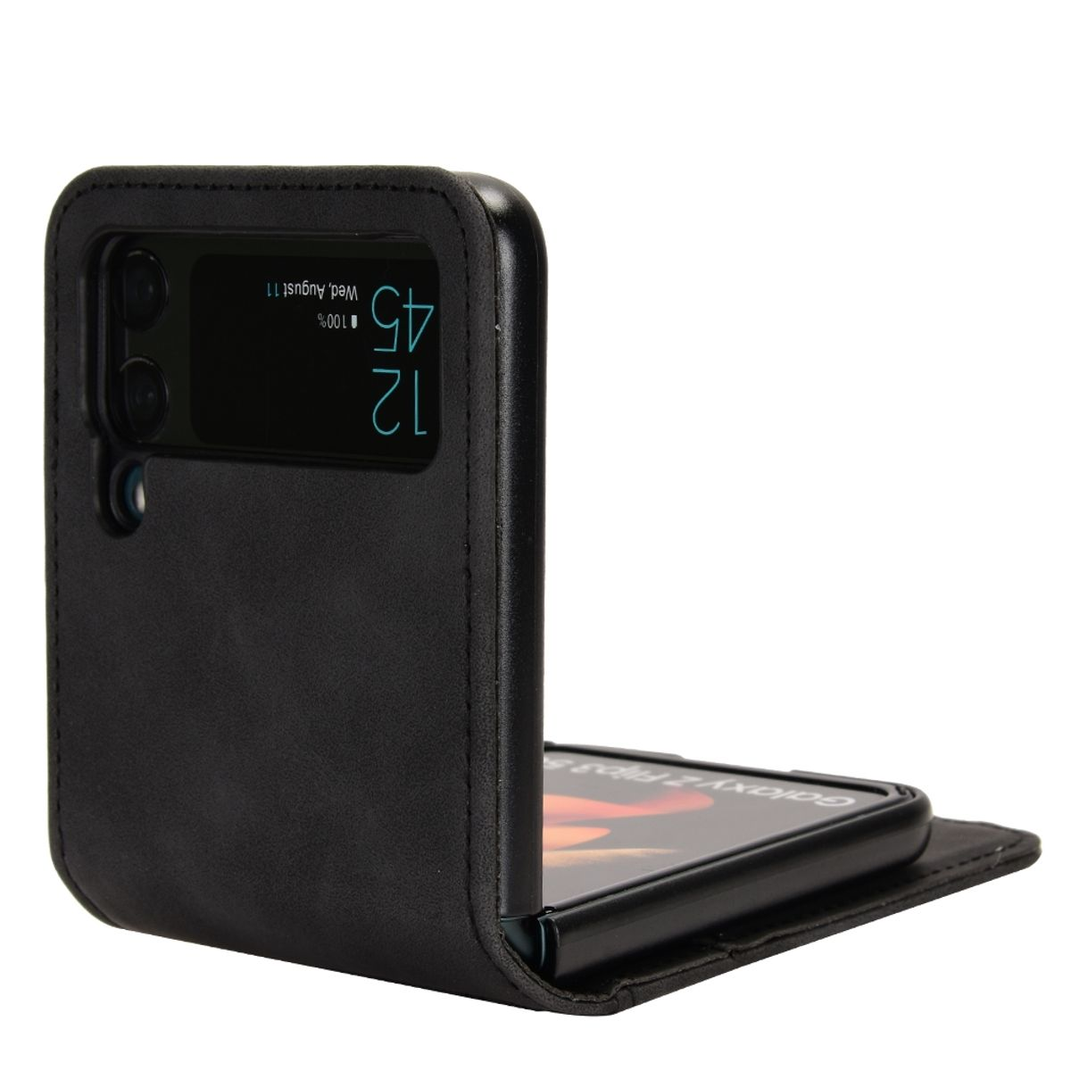 Eine schwarze Handyhülle mit einem Telefon darin, teilweise geöffnet.