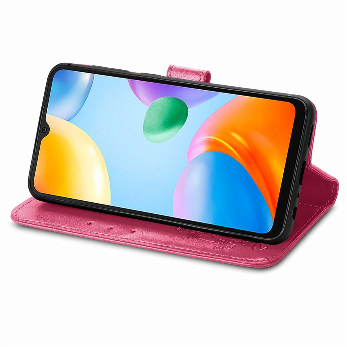 Offene rosa Handyhülle mit Telefon. Das Telefon zeigt einen bunten Bildschirm mit hellblauem Hintergrund.
