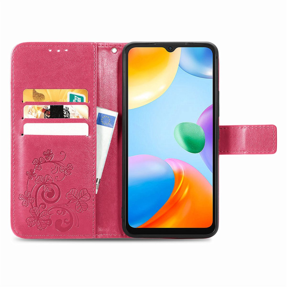 Rosa Handyhülle mit Kartenfächern und einem Telefon. Karten sind sichtbar. Der Telefonbildschirm ist eingeschaltet.
