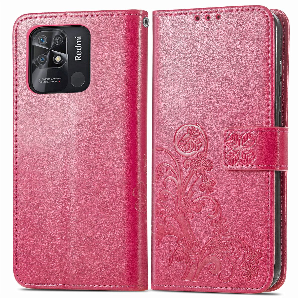 Rosa Handyhülle offen, Blumendesign, und Telefonkamera. Weißer Hintergrund.