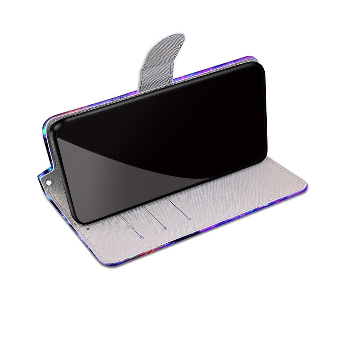 Telefonhülle, offen. Ein Smartphone ist darin platziert. Die Hülle ist farbenfroh mit Galaxie-Design.