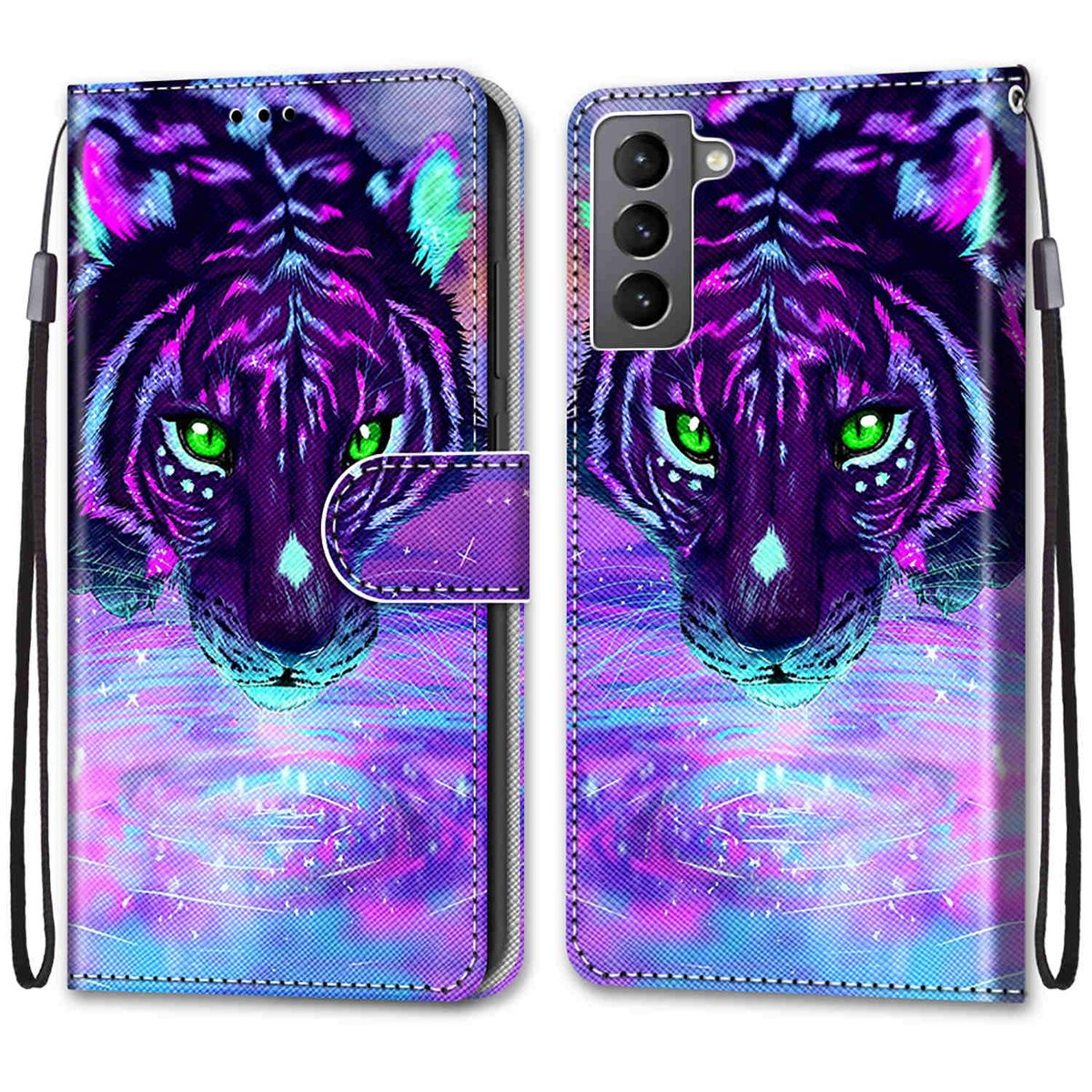 Lila Tiger-Handyhülle. Das Gesicht des Tigers ist zentriert. Grüne Augen, lila und blaue Farbtöne.