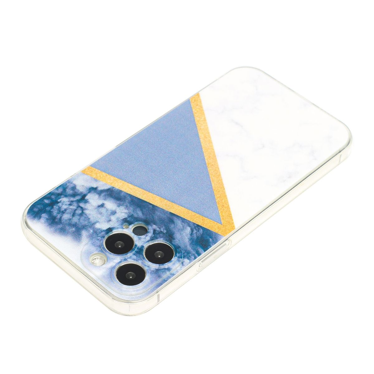 Smartphone-Hülle mit blauem und goldenem geometrischen Design auf weißem marmorähnlichem Hintergrund.