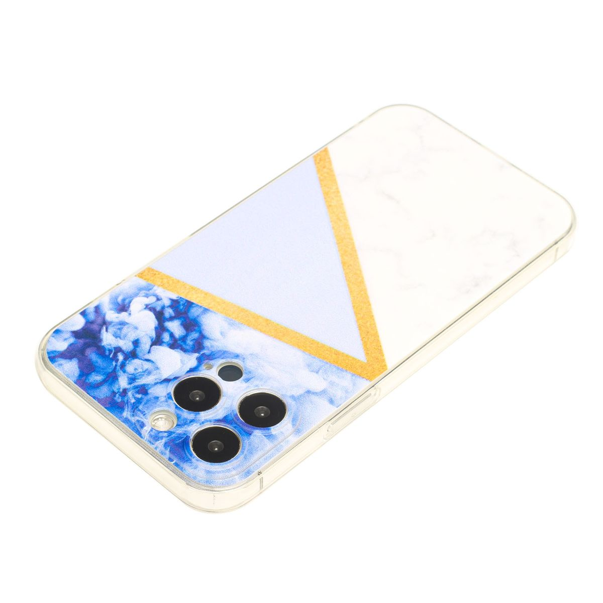 Eine Handyhülle mit Marmor- und blauem Design, mit sichtbaren Kameralinsen.