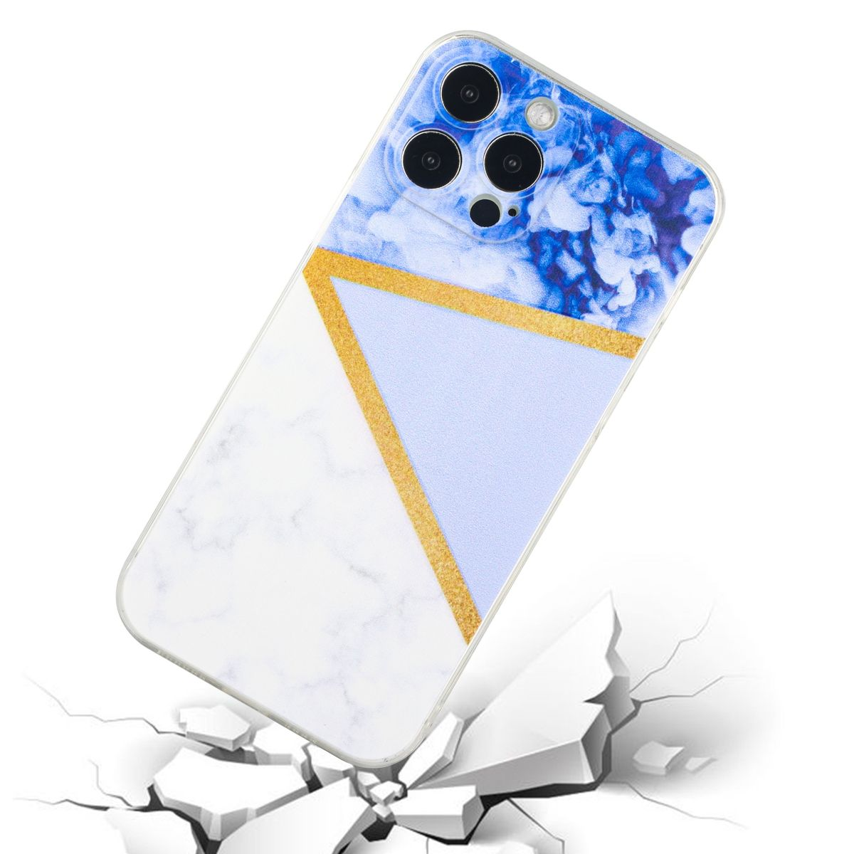 Handyhülle mit weißem Marmor und blauem Design. Zersplitterter Boden im Vordergrund.