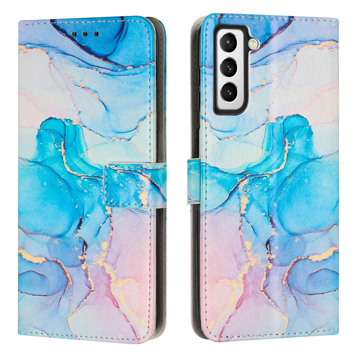 Eine Handyhülle mit blauem und goldenem Marmordesign, geöffnet, um das Telefon zu zeigen. Zwei Ansichten.