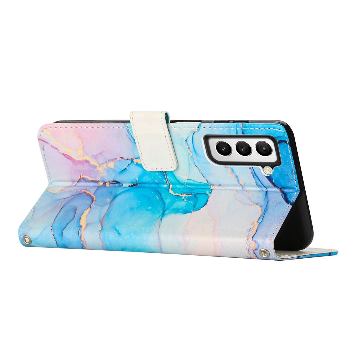 Smartphone-Hülle mit einem Aquarell-Marmordesign. Geöffnet, zeigt das Telefon und einen weißen Verschluss.