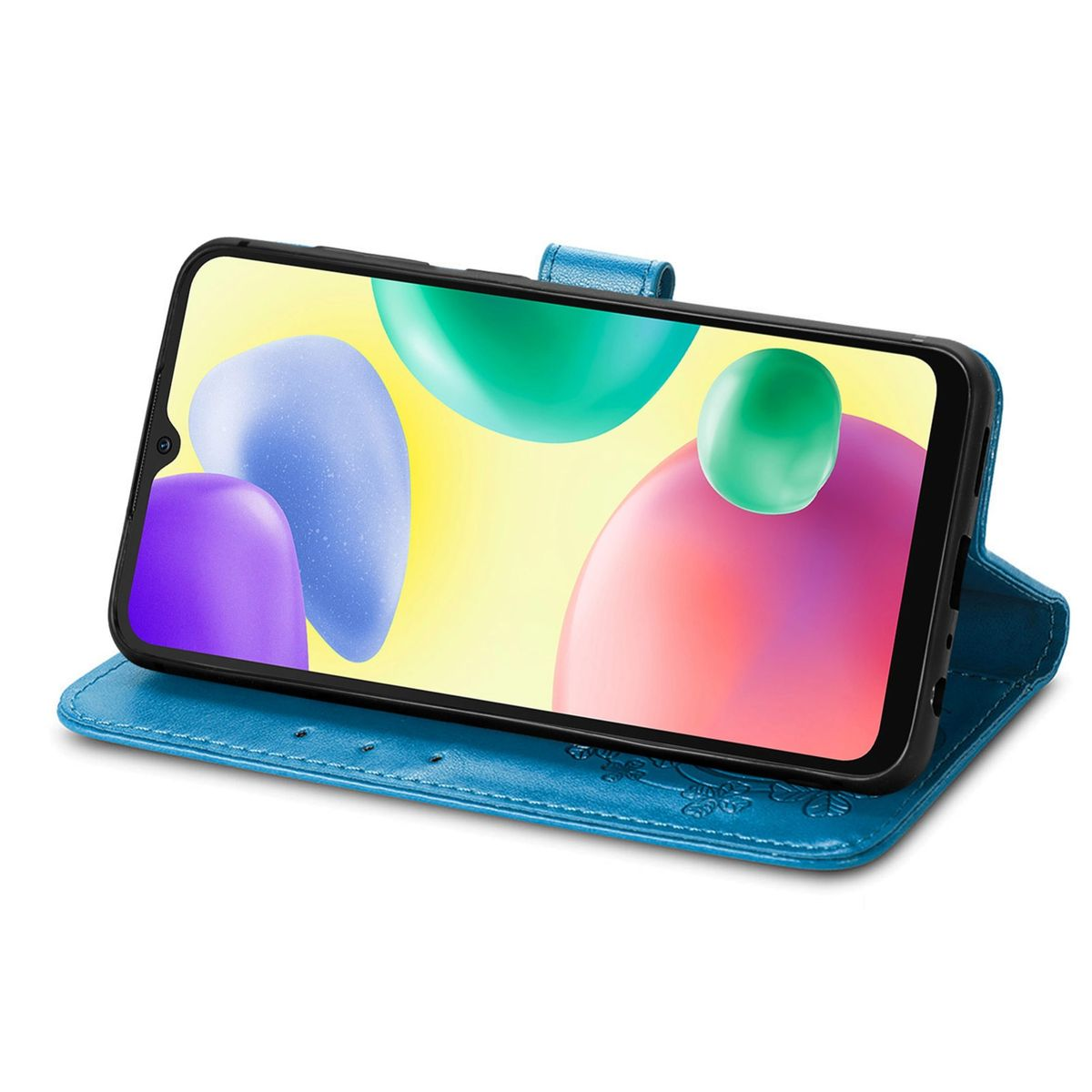 Ein Telefon in einer blauen Hülle, geöffnet und zeigt einen farbenfrohen Bildschirm mit abstrakten Formen.