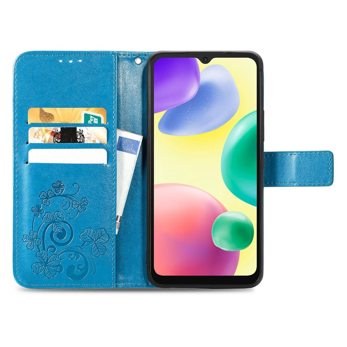 Blaue Handyhülle geöffnet, hält Telefon mit farbenfrohem Bildschirm und Karten. Weißer Hintergrund.
