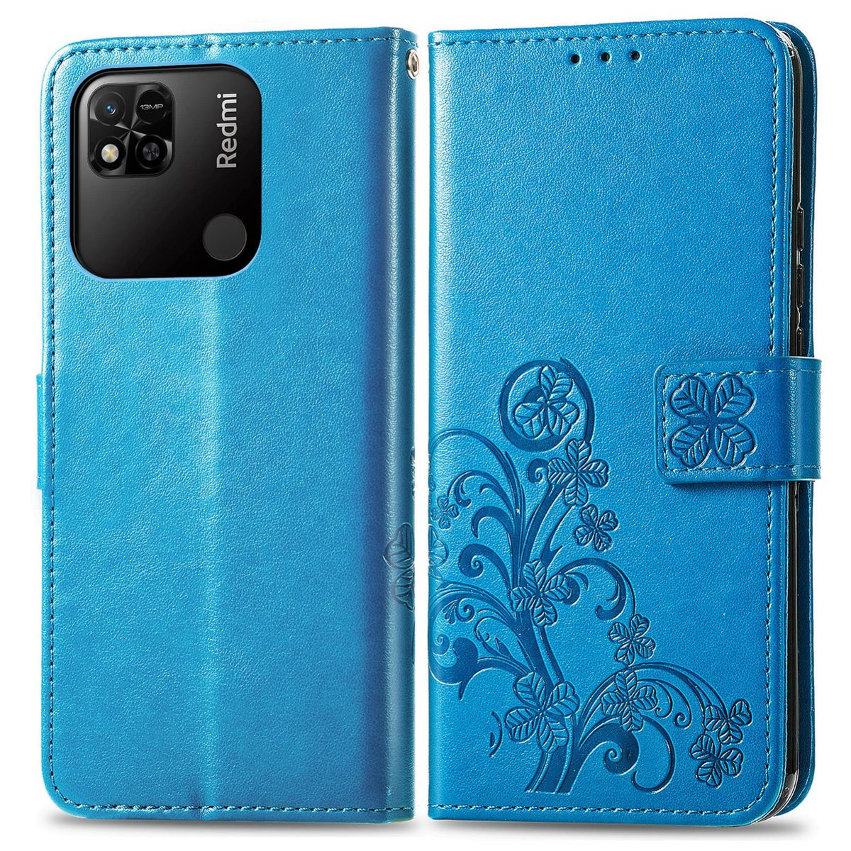 Blaue Handyhülle mit floralem Design. Die Hülle ist offen und zeigt das Telefon. Redmi und Kamera sind sichtbar.