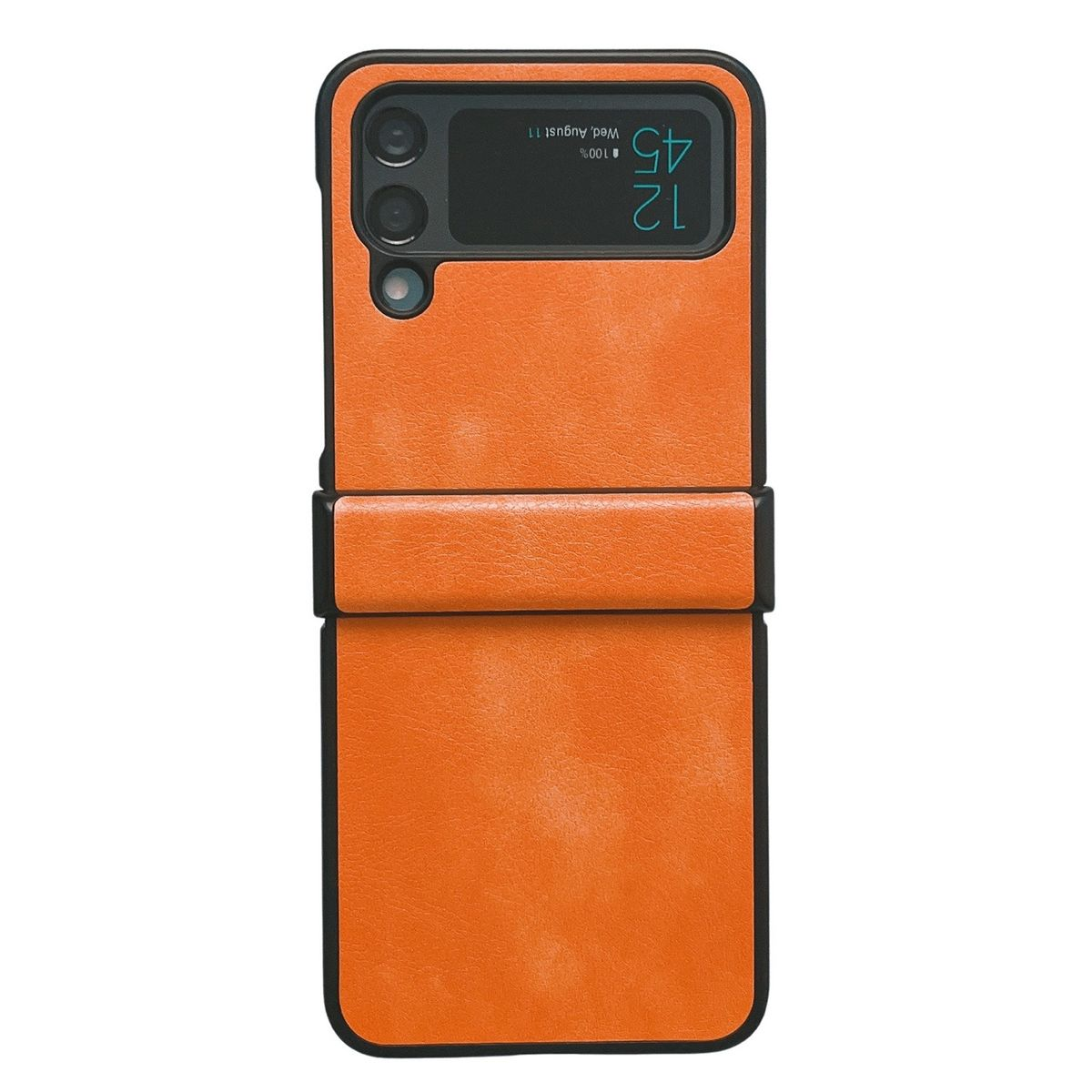 Orangefarbene Klapp-Handyhülle mit Zeitanzeige. Drei verschiedene Ansichten.