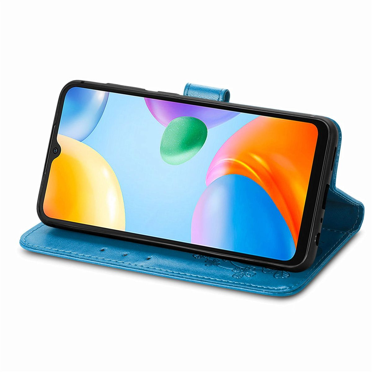 Ein Telefon in einer blauen Handyhülle. Das Telefon ist zur Seite geneigt. Die Handyhülle ist offen.