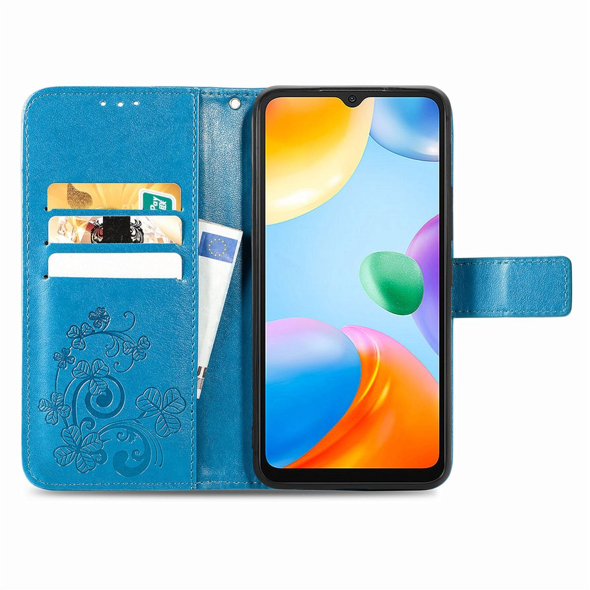 Blaue Handyhülle offen, zeigt Karten, Geld und ein Telefon.